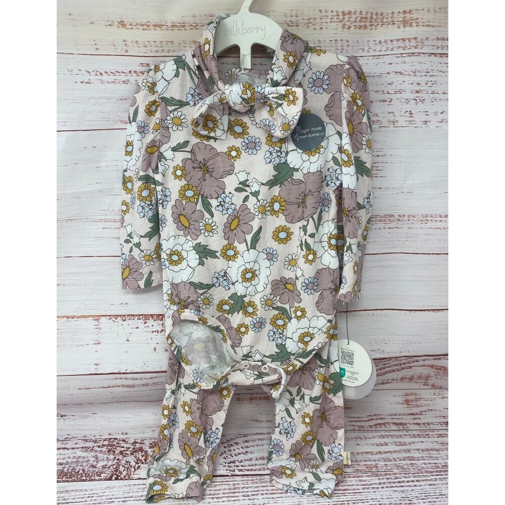 NWT! milkberry Bamboo 3 Pc ~ Body Suit, Leggings & Hair Bow ~ 6-9 Mos